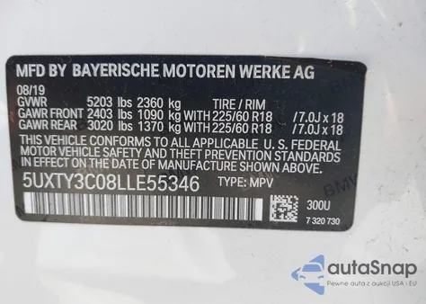 2020 BMW X3 Sdrive30I z USA, uszkodzony, nr VIN 5UXTY3C08LLE55346